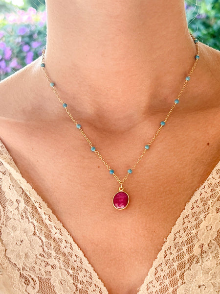 Raw Ruby Charm Drop Necklace on Gold Chain with Arizona Turquoise by Sage Machado - The Sage Lifestyle