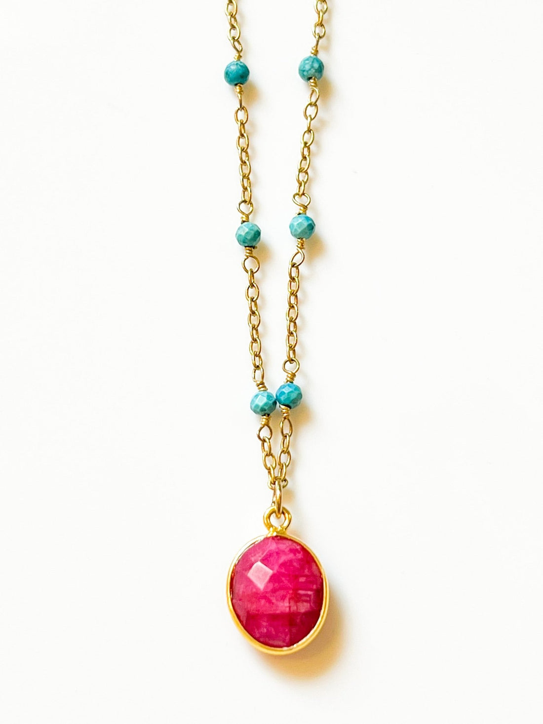 Raw Ruby Charm Drop Necklace on Gold Chain with Arizona Turquoise by Sage Machado - The Sage Lifestyle