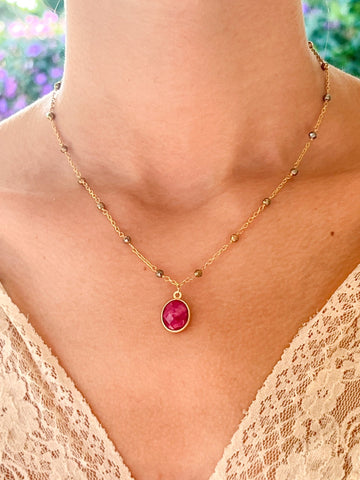 Raw Ruby Charm Drop Necklace on Gold Chain with Golden Pyrite by Sage Machado - The Sage Lifestyle