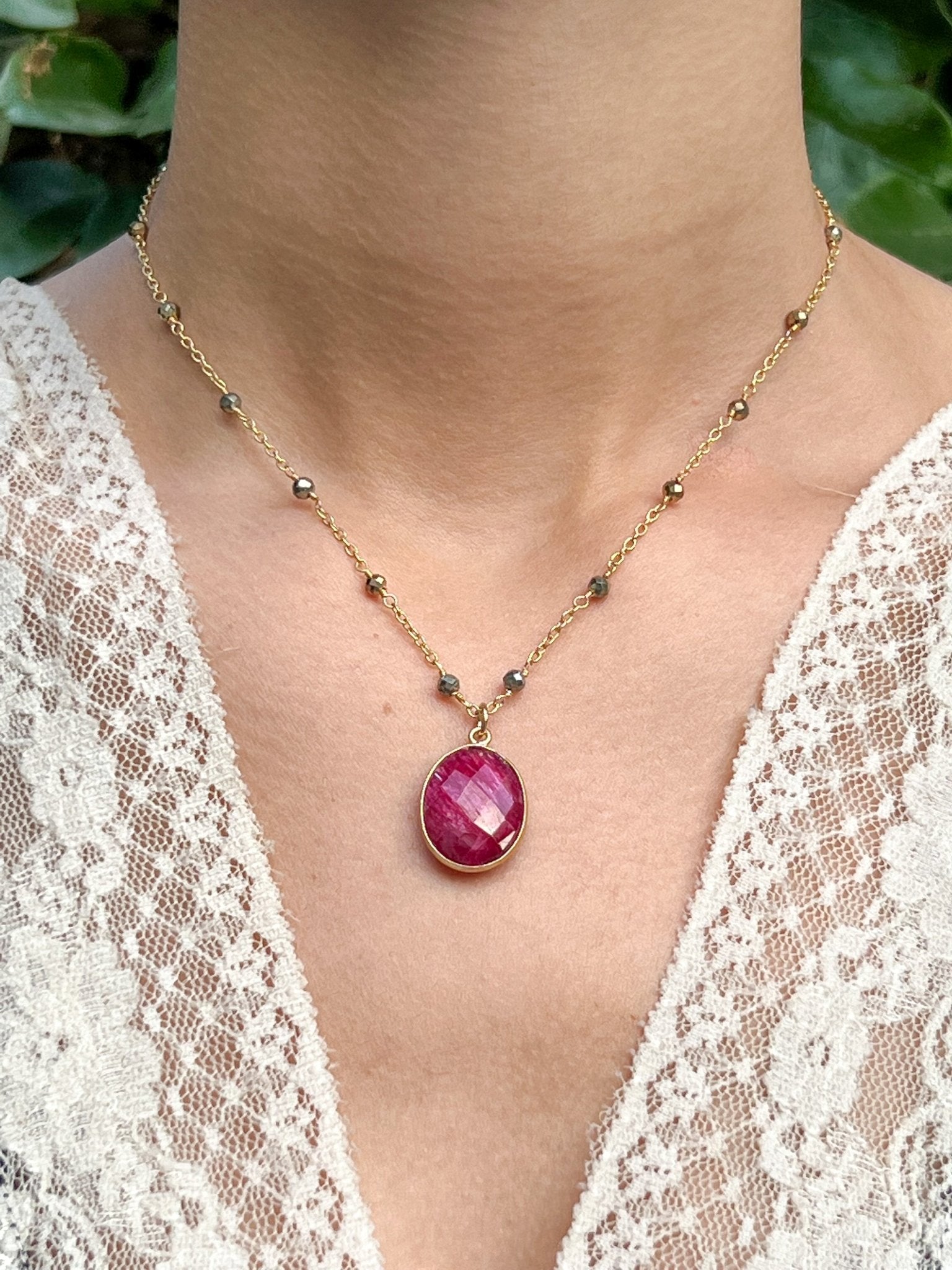 Raw Ruby Large Oval Pendant Necklace on Gold Chain with Golden Pyrite by Sage Machado - The Sage Lifestyle