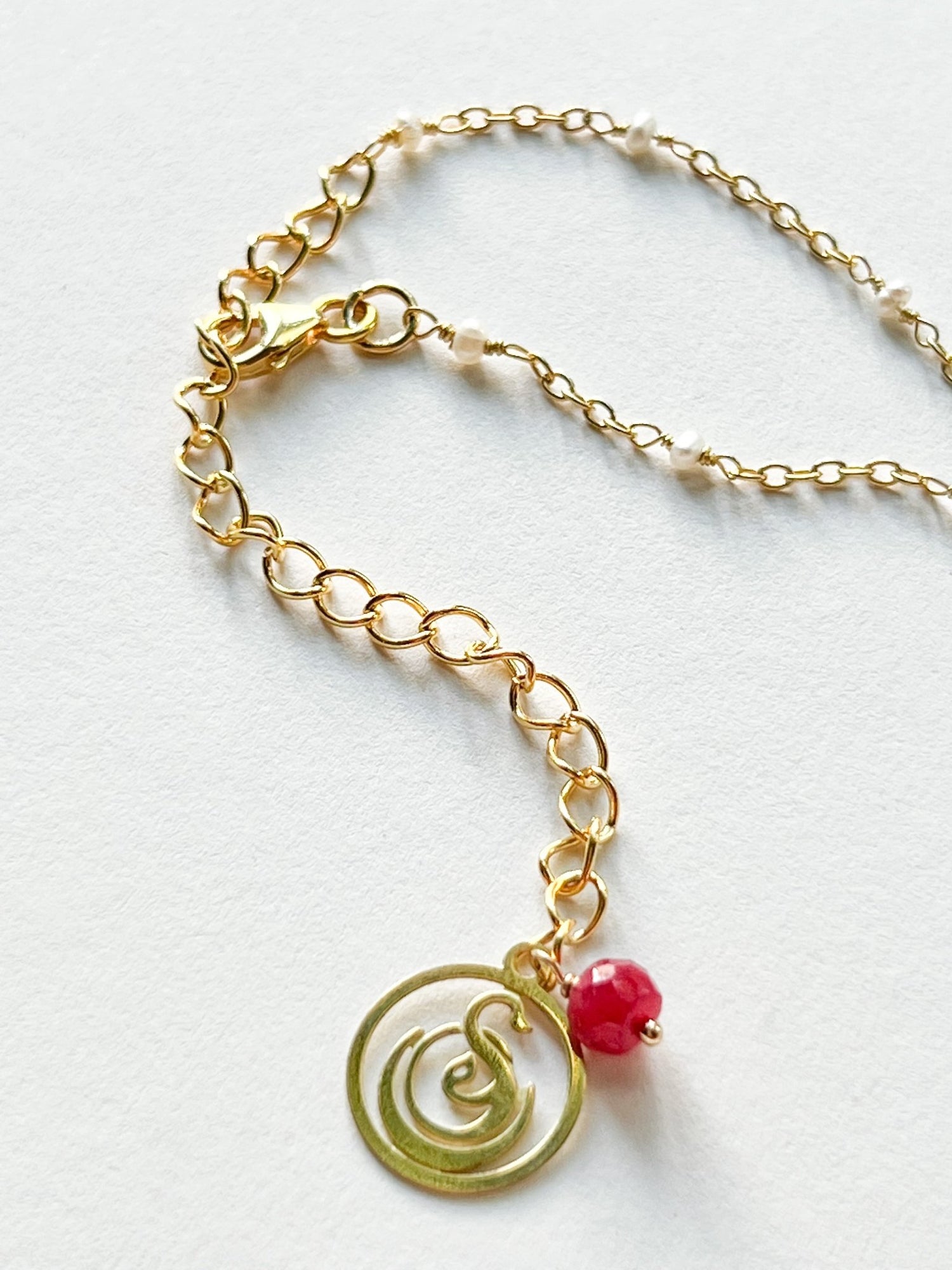 Raw Ruby Teardrop Charm Necklace on Gold Chain with White Freshwater Pearls by Sage Machado - The Sage Lifestyle
