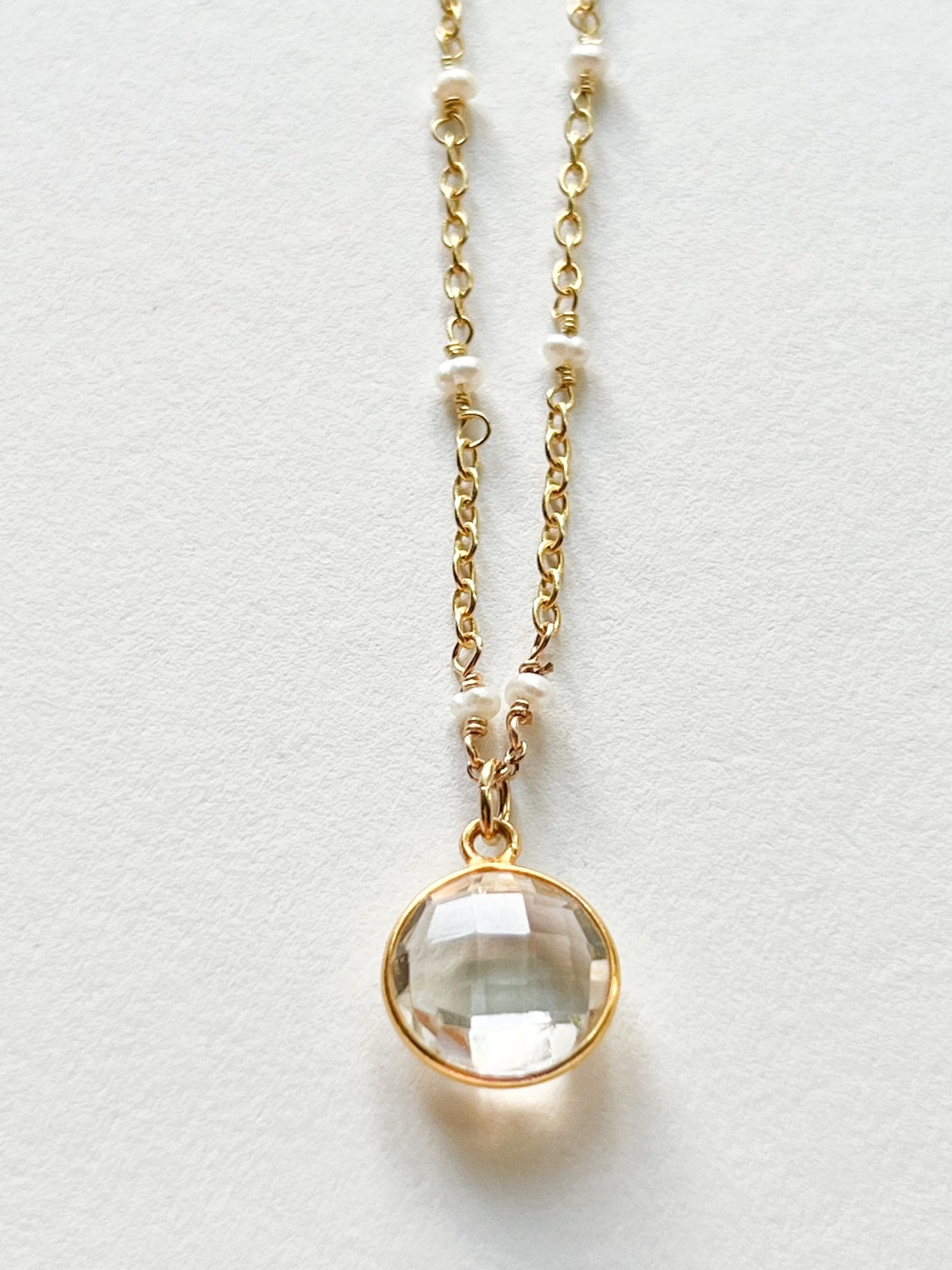 Rock Quartz Crystal Round Charm Necklace on Gold Chain with White Freshwater Pearls by Sage Machado - The Sage Lifestyle