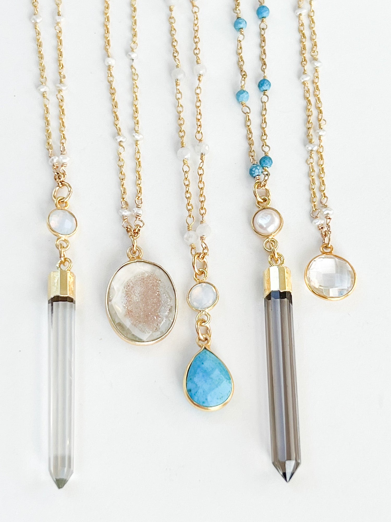 Rock Quartz Crystal Spike with Opalite Necklace on Gold Chain with White Freshwater Pearls by Sage Machado - The Sage Lifestyle