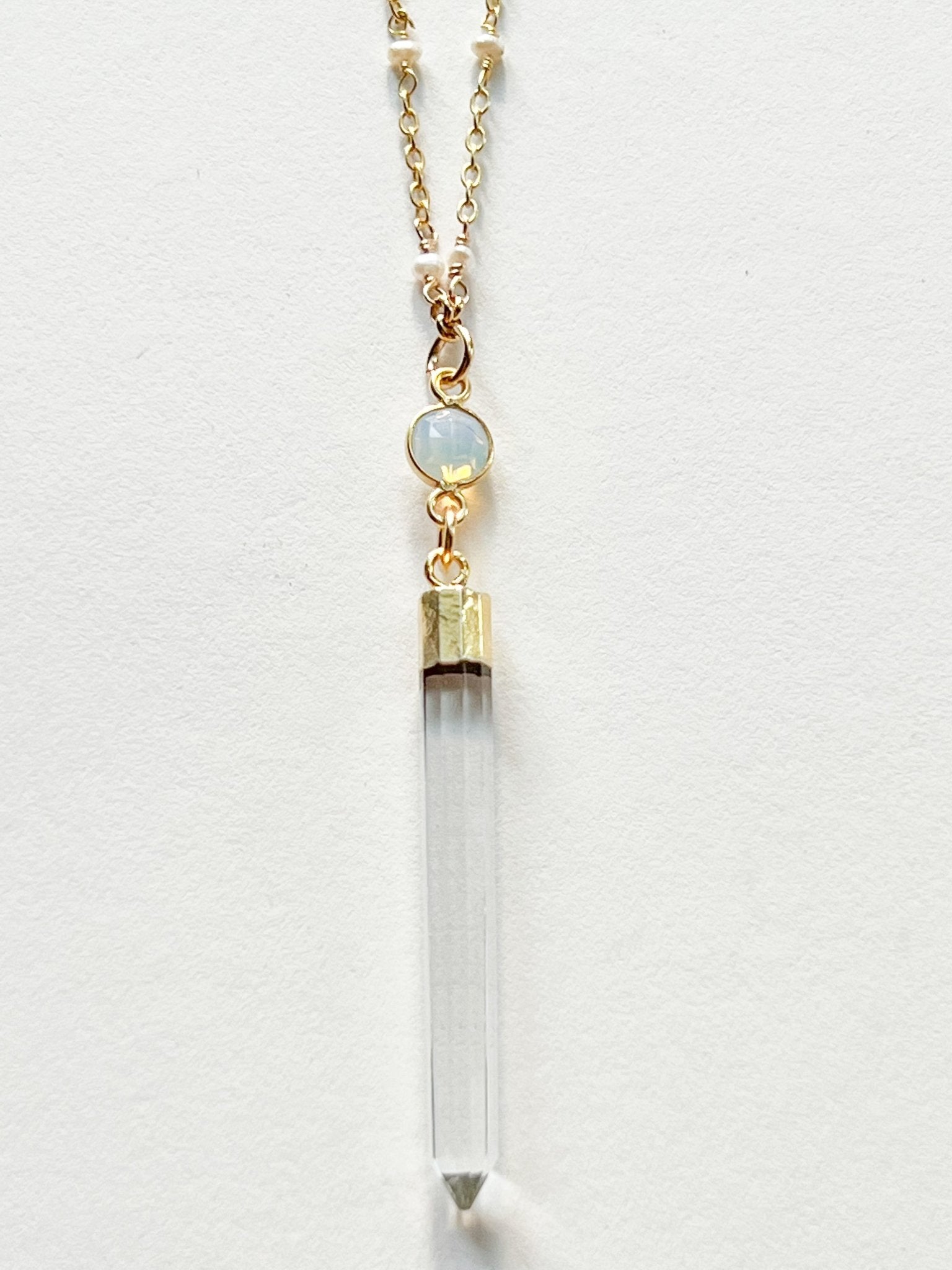 Rock Quartz Crystal Spike with Opalite Necklace on Gold Chain with Whi –  The Sage Lifestyle