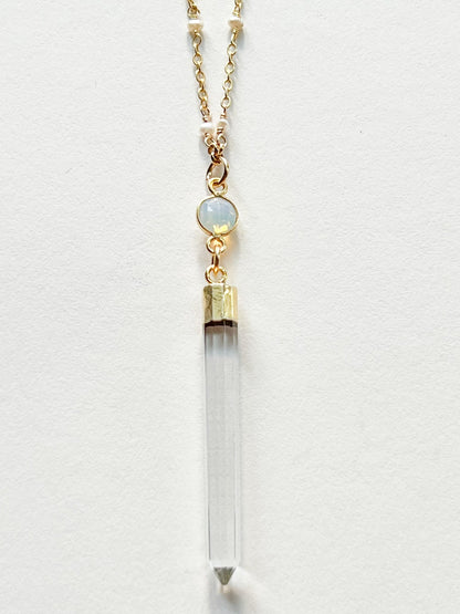 Rock Quartz Crystal Spike with Opalite Necklace on Gold Chain with White Freshwater Pearls by Sage Machado - The Sage Lifestyle
