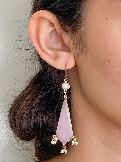 Rose Quartz and Freshwater Pearl Long Diamond Chandelier Gold Earrings by Sage Machado - The Sage Lifestyle