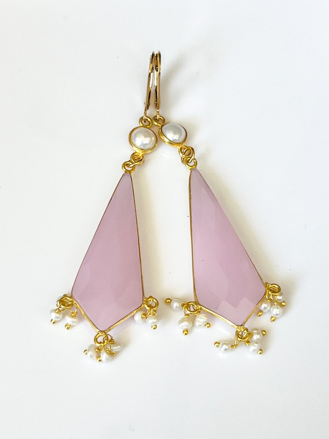 Rose Quartz and Freshwater Pearl Long Diamond Chandelier Gold Earrings by Sage Machado - The Sage Lifestyle