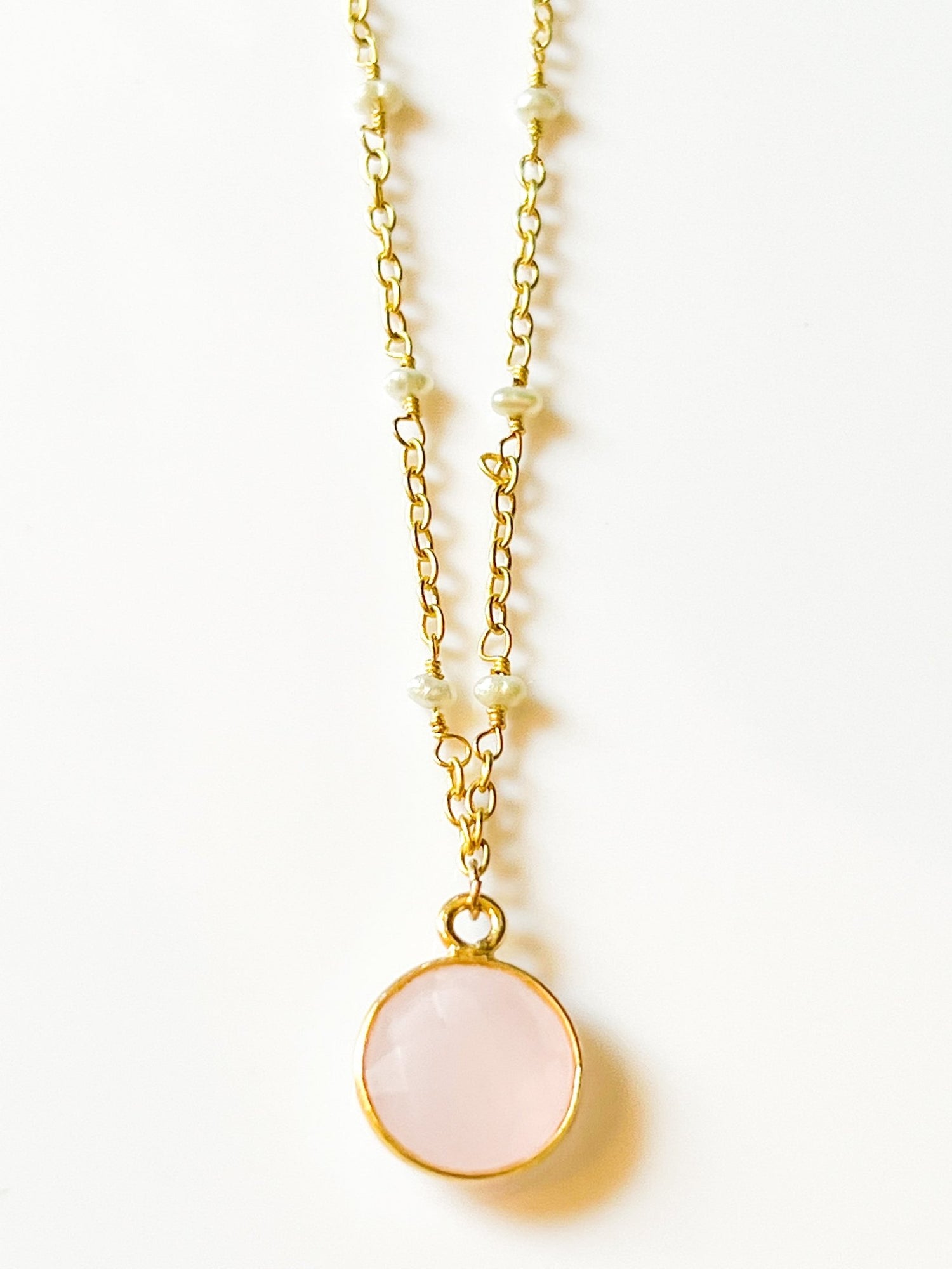 Rose Quartz Charm Drop Necklace on Gold Chain with Freshwater Pearls by Sage Machado - The Sage Lifestyle