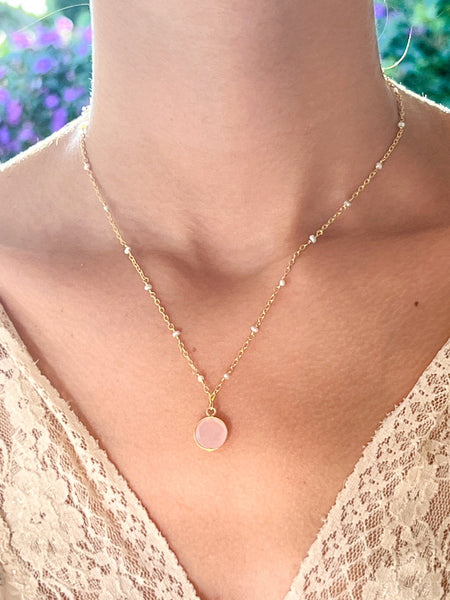 Rose Quartz Charm Drop Necklace on Gold Chain with Freshwater Pearls by Sage Machado - The Sage Lifestyle