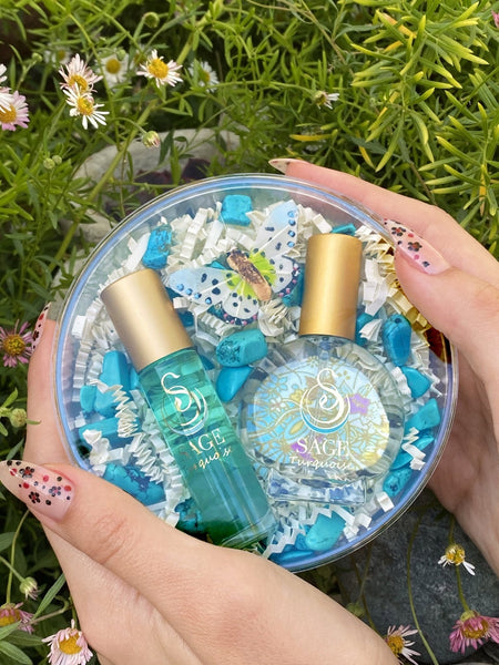 Secret Garden Gift Set ~ 1/2 oz Organic Eau de Toilette Mini & 1/4 oz Perfume Oil Concentrate Roll-On with Gemstones - The Sage Lifestyle