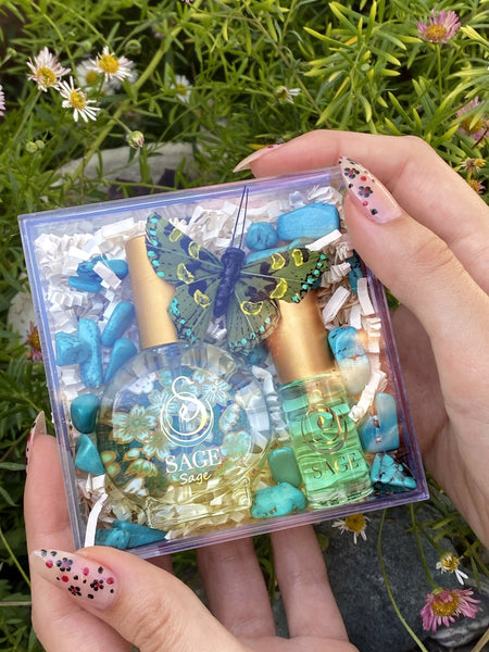 Secret Garden Gift Set ~ 1/2 oz Organic Eau de Toilette Mini & 1/8 oz Perfume Oil Concentrate Roll-On with Gemstones - The Sage Lifestyle