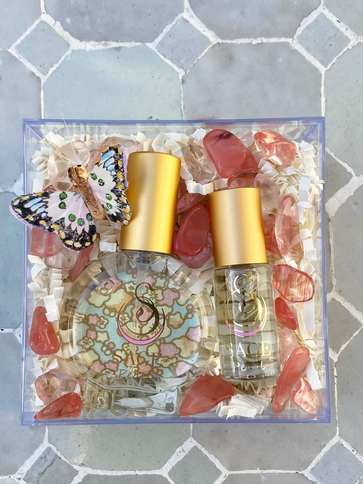 Customized gift set in box including 1/2 oz eau de toilette and 1/8 oz perfume oil roll on, vegan, cruelty-free, fragrances