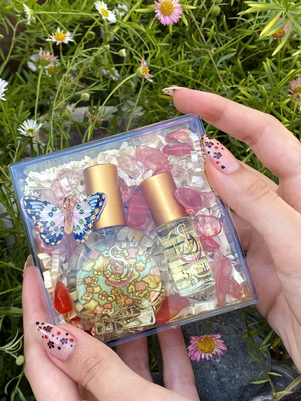 Customized gift set in box including 1/2 oz eau de toilette and 1/8 oz perfume oil roll on, vegan, cruelty-free, fragrances