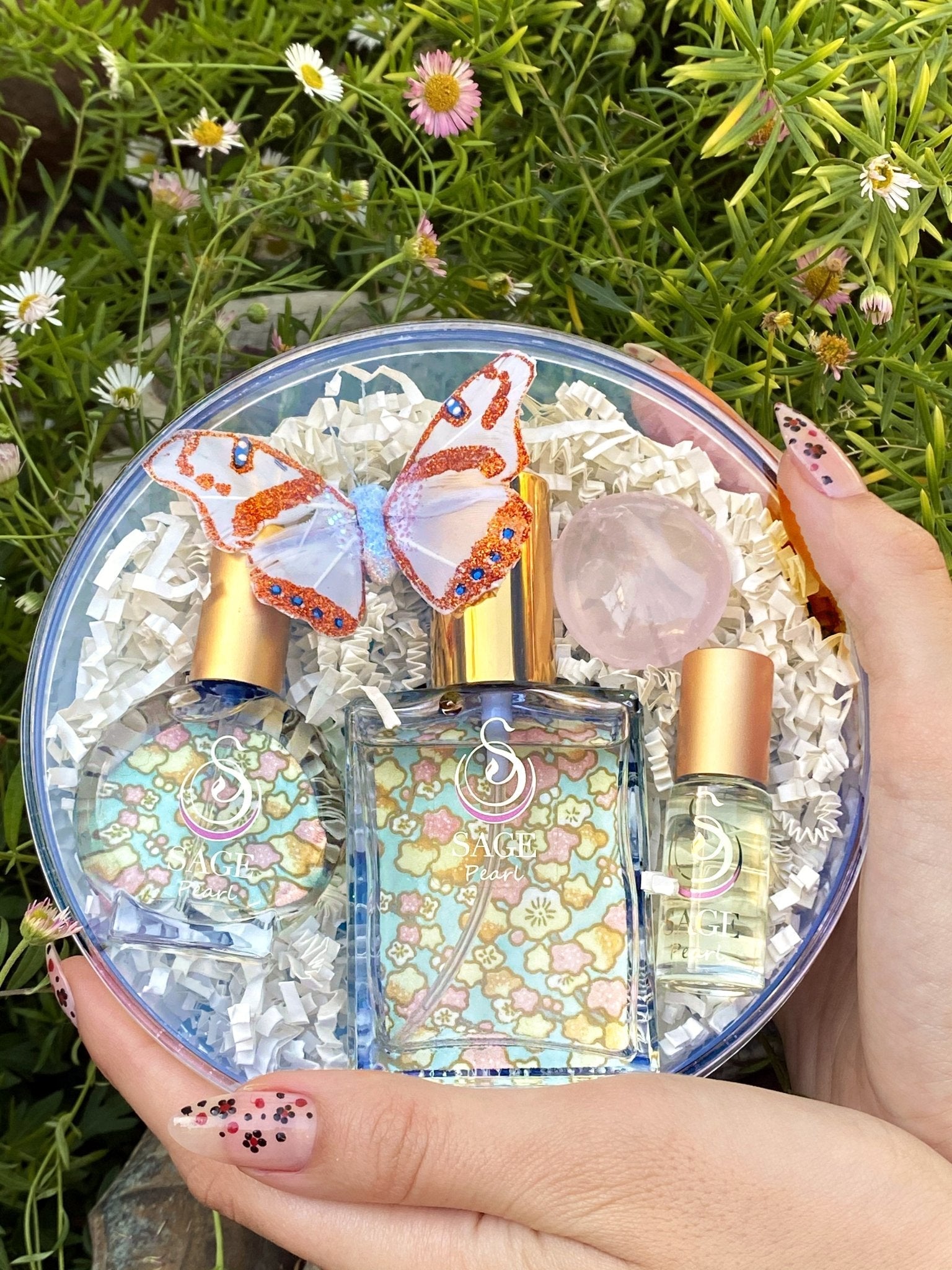 Secret Garden Gift Set ~ 1/8 oz Perfume Oil Concentrate Roll-On, 2 oz Organic Eau de Toilette, and 1/2 oz Organic Eau de Toilette Mini with Gemstone - The Sage Lifestyle