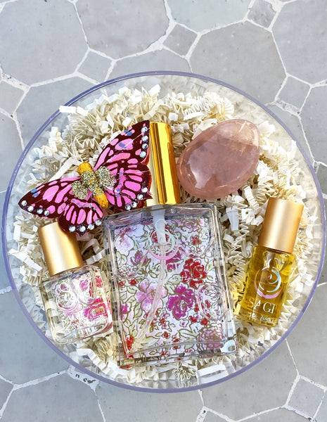 Secret Garden Gift Set ~ 1/8 oz Perfume Oil Concentrate Roll-On, 2 oz Organic Eau de Toilette, and 1/4 Organic Perfume Oil Extract Roll-On with Gemstone - The Sage Lifestyle