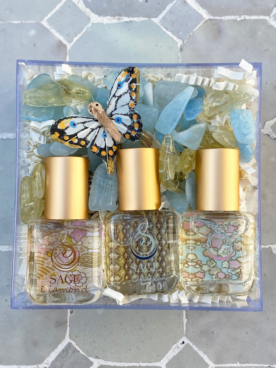 1/4 oz Sage diamond, onyx, pearl organic perfume oil roll on top sellers, gift set in box, vegan, cruelty-free, subtle