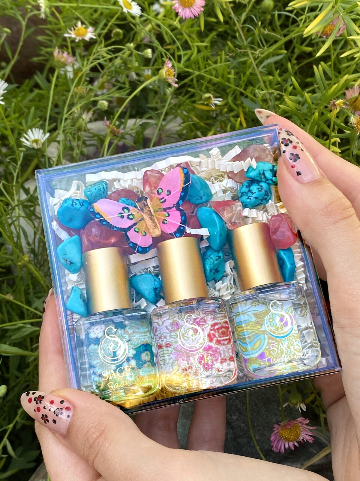 1/4 oz Rose Quartz, Turquoise, Sage perfume oil extract roll ons, gift set in box, vegan cruelty-free, floral fragrances