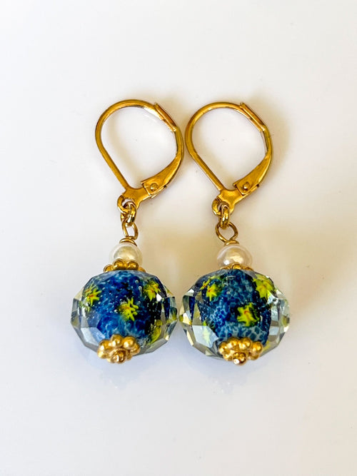 Shooting Stars Peking Glass Gold Charm Earrings with Cultured Pearls by Sage Machado - The Sage Lifestyle
