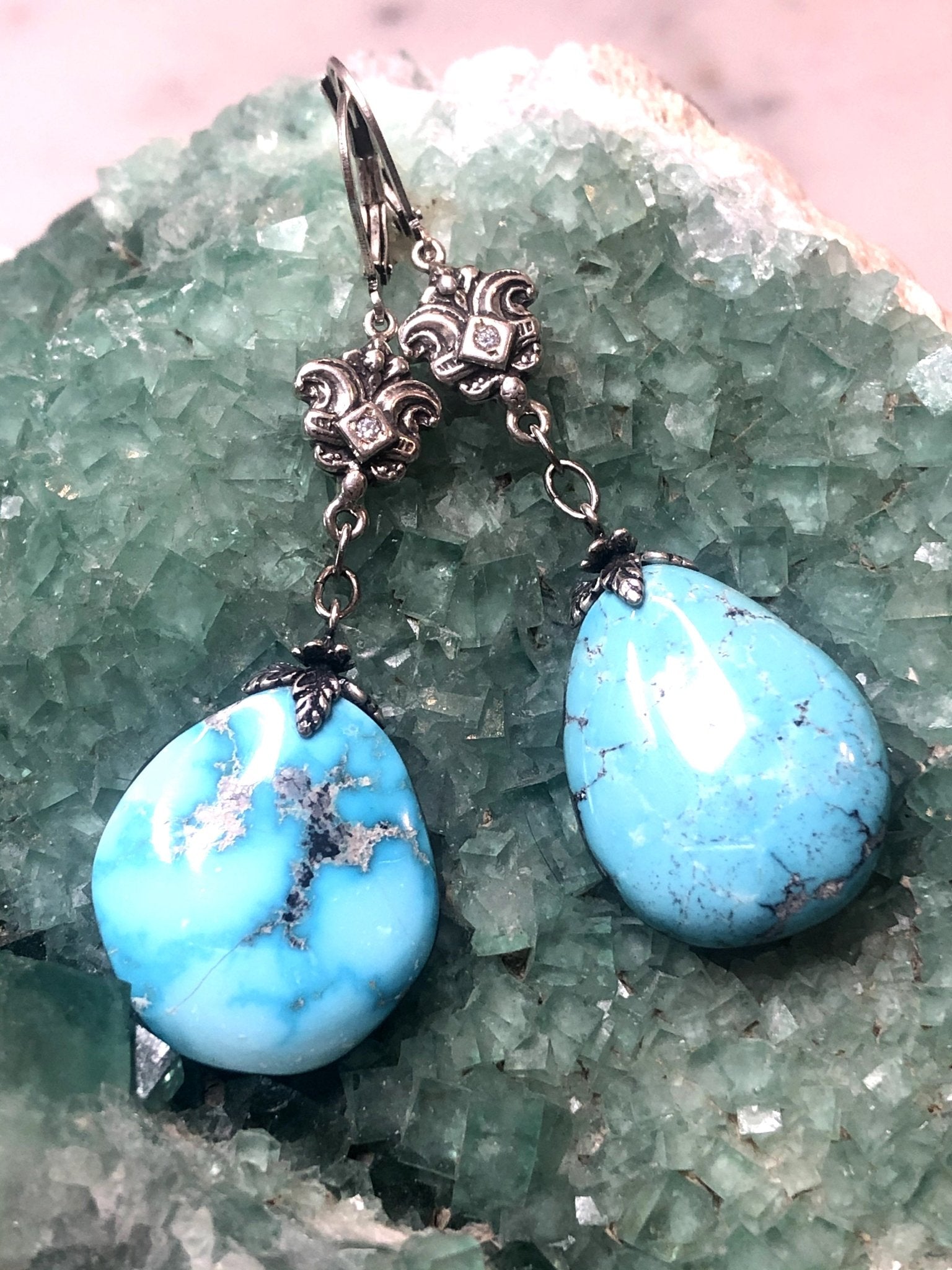 Sleeping Beauty Blue Vintage Arizona Turquoise Drops Earrings with Sterling Silver Rock Crystal Fleur de Lis Leverbacks by Sage Machado - The Sage Lifestyle