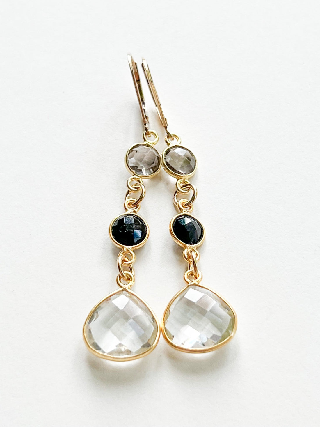 Smokey Topaz, Black Onyx, and Rock Quartz Crystal Triple Teardrop Charm Gold Earrings by Sage Machado - The Sage Lifestyle