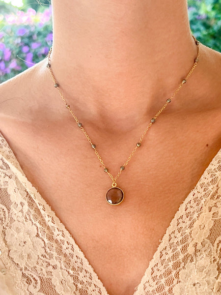 Smokey Topaz Charm Drop Necklace on Gold Chain with Golden Pyrite by Sage Machado - The Sage Lifestyle