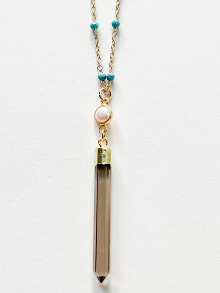 Smokey Topaz Spike with White Freshwater Pearl Necklace on Gold Chain with Arizona Turquoise by Sage Machado - The Sage Lifestyle