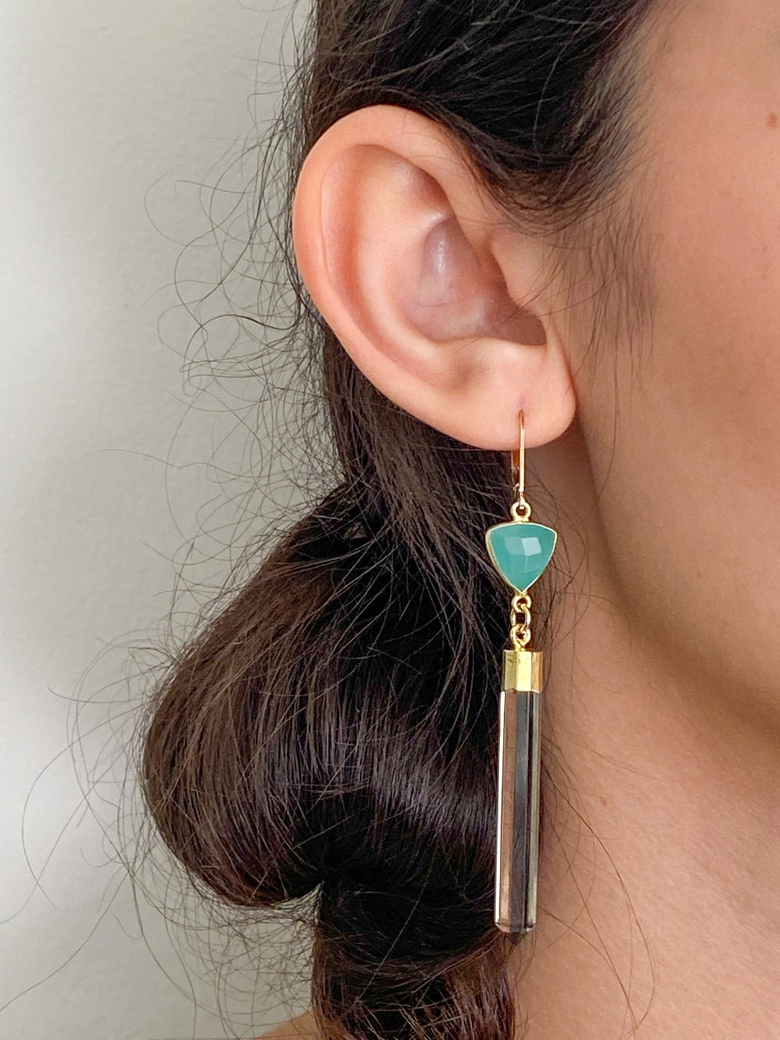 Smokey Topaz with Chrysoprase Spike Long Drop Gold Earrings by Sage Machado - The Sage Lifestyle
