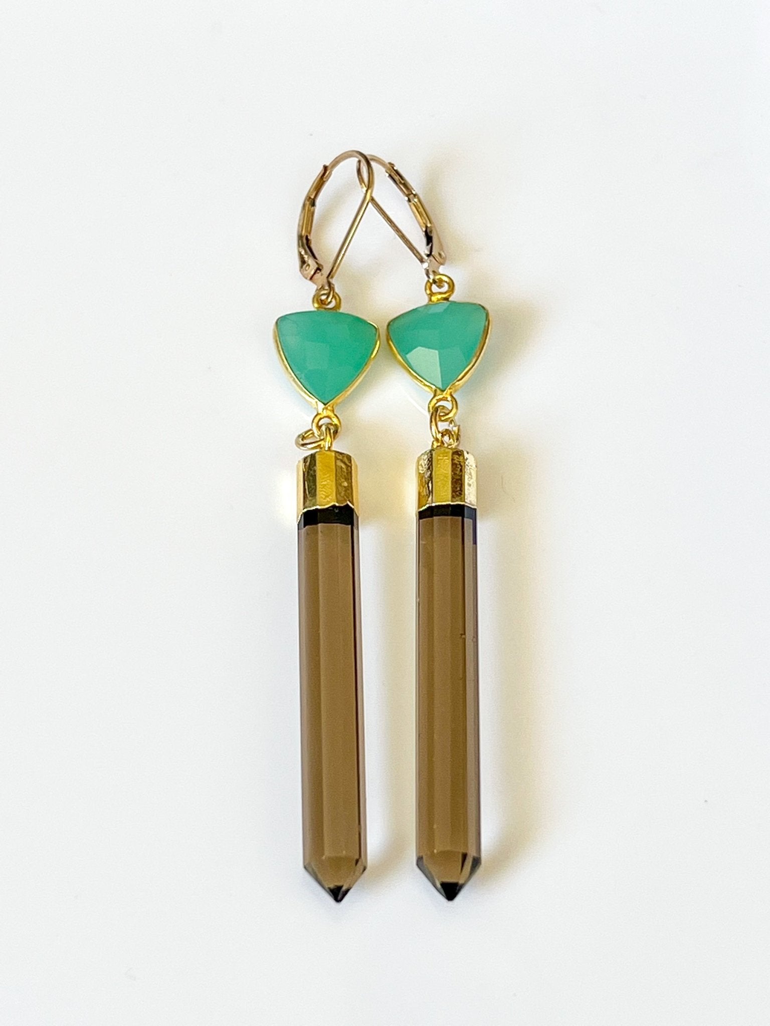 Smokey Topaz with Chrysoprase Spike Long Drop Gold Earrings by Sage Machado - The Sage Lifestyle