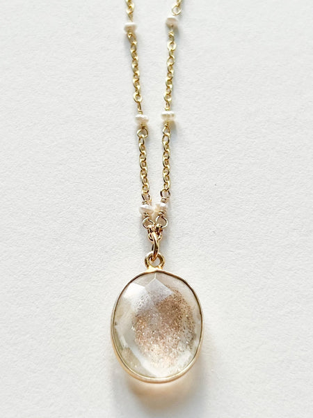 Sunstone Large Oval Pendant Necklace on Gold Chain with White Freshwater Pearls by Sage Machado - The Sage Lifestyle
