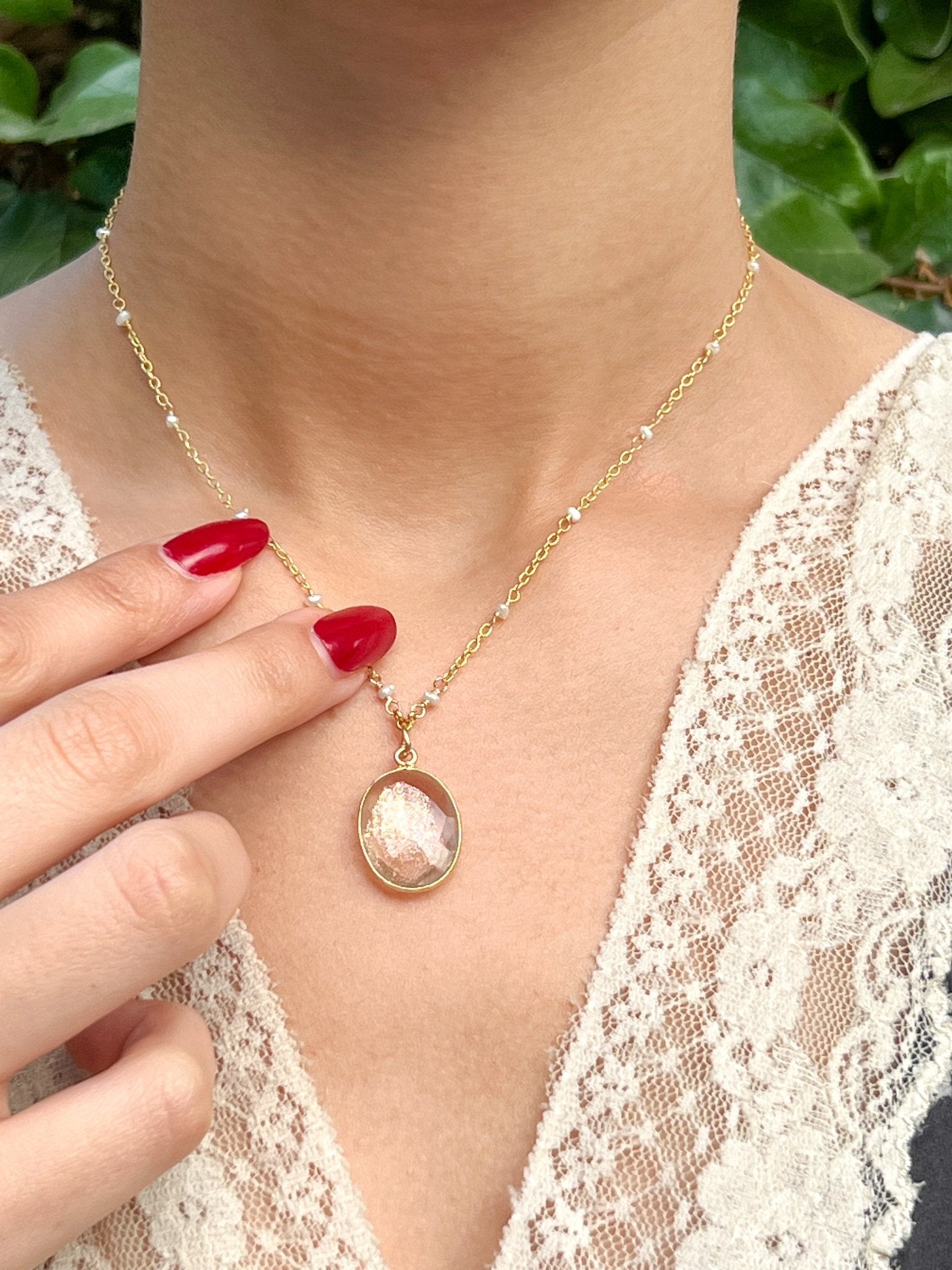 Sunstone Large Oval Pendant Necklace on Gold Chain with White Freshwater Pearls by Sage Machado - The Sage Lifestyle