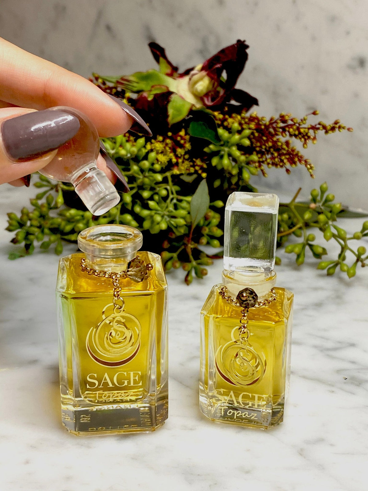 1/4 oz and 1/2 oz Sage Topaz Perfume Oil Vanity Bottles, with gemstones, Subtle, Gender-Neutral, Vegan and Cruelty Free scent