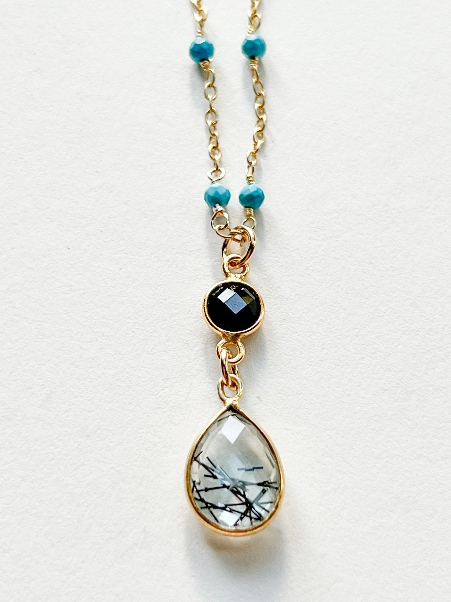 Tourmalated Quartz and Black Onyx Double Drop Pear Shaped Pendant Necklace on Gold Chain with Arizona Turquoise by Sage Machado - The Sage Lifestyle