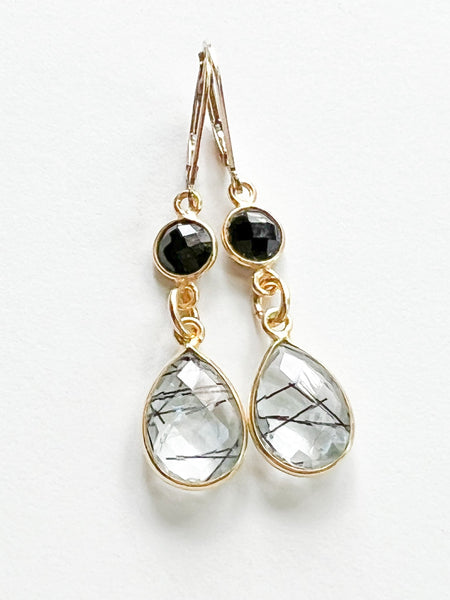 Tourmalated Quartz and Black Onyx Double Teardrop Gold Earrings by Sage Machado - The Sage Lifestyle