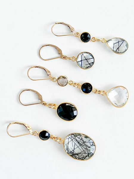 Tourmalated Quartz Large Oval Drop Gold Earrings with Black Onyx by Sage Machado - The Sage Lifestyle
