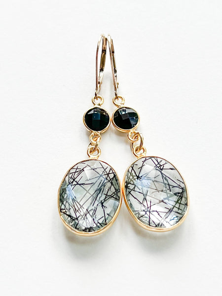 Tourmalated Quartz Large Oval Drop Gold Earrings with Black Onyx by Sage Machado - The Sage Lifestyle