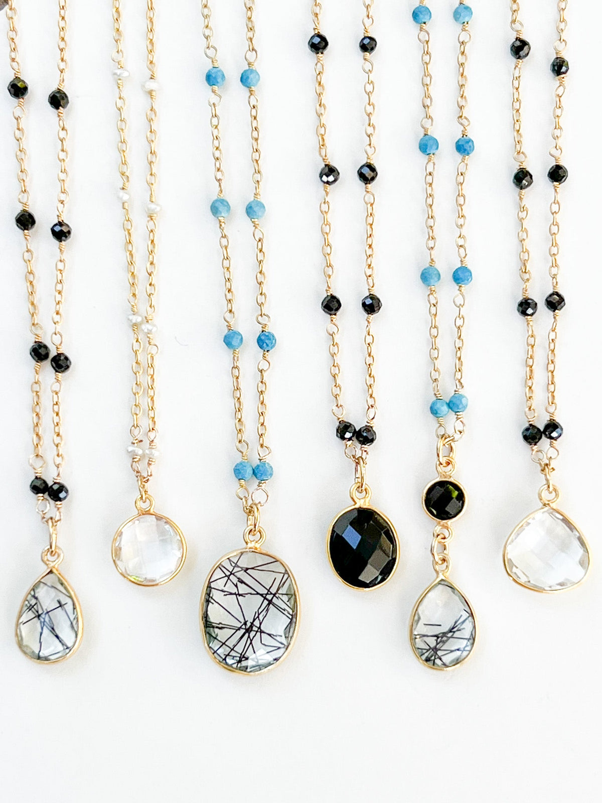 Tourmalated Quartz Large Oval Pendant Necklace on Gold Chain with Arizona Turquoise by Sage Machado - The Sage Lifestyle
