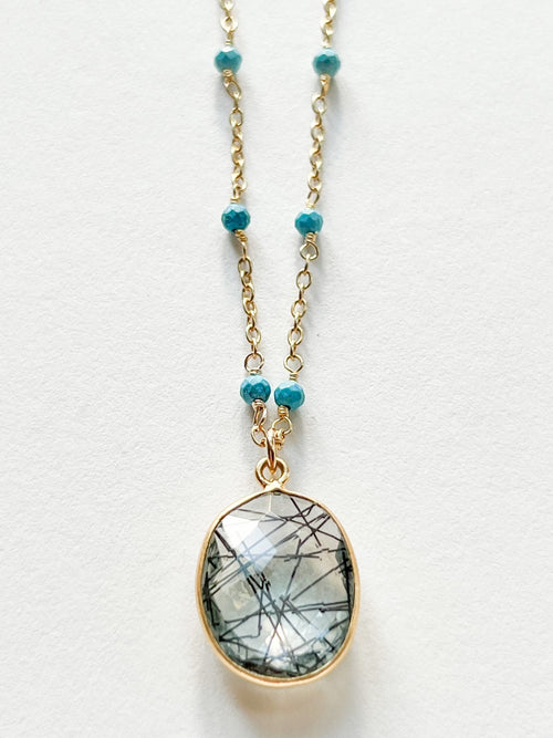Tourmalated Quartz Large Oval Pendant Necklace on Gold Chain with Arizona Turquoise by Sage Machado - The Sage Lifestyle
