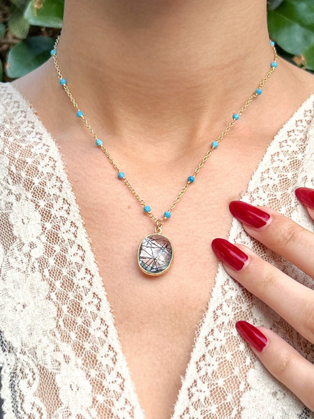 Tourmalated Quartz Large Oval Pendant Necklace on Gold Chain with Arizona Turquoise by Sage Machado - The Sage Lifestyle