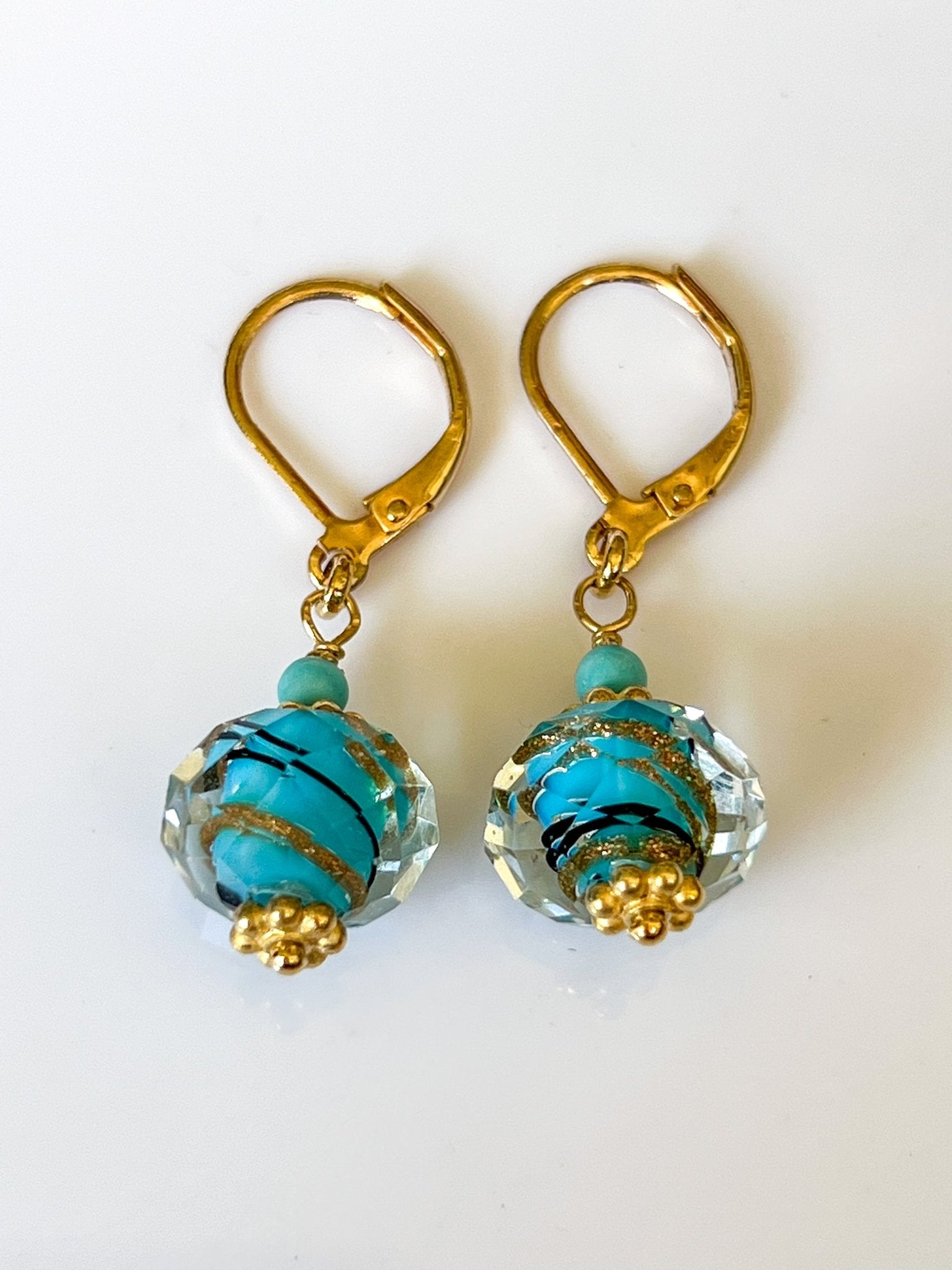 Turquoise and Lapis Swirl Peking Glass Gold Charm Earrings with Blue Turquoise by Sage Machado - The Sage Lifestyle