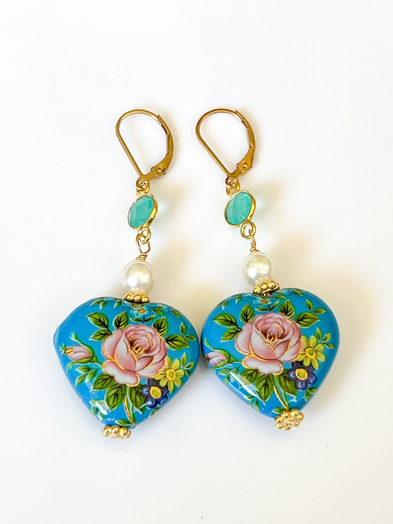 Turquoise Floral Resin Heart Gold Drop Earrings with Cultured Pearls and Chrysoprase by Sage Machado - The Sage Lifestyle