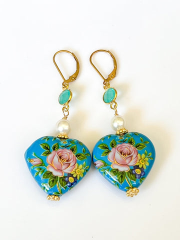 Turquoise Floral Resin Heart Gold Drop Earrings with Cultured Pearls and Chrysoprase by Sage Machado - The Sage Lifestyle