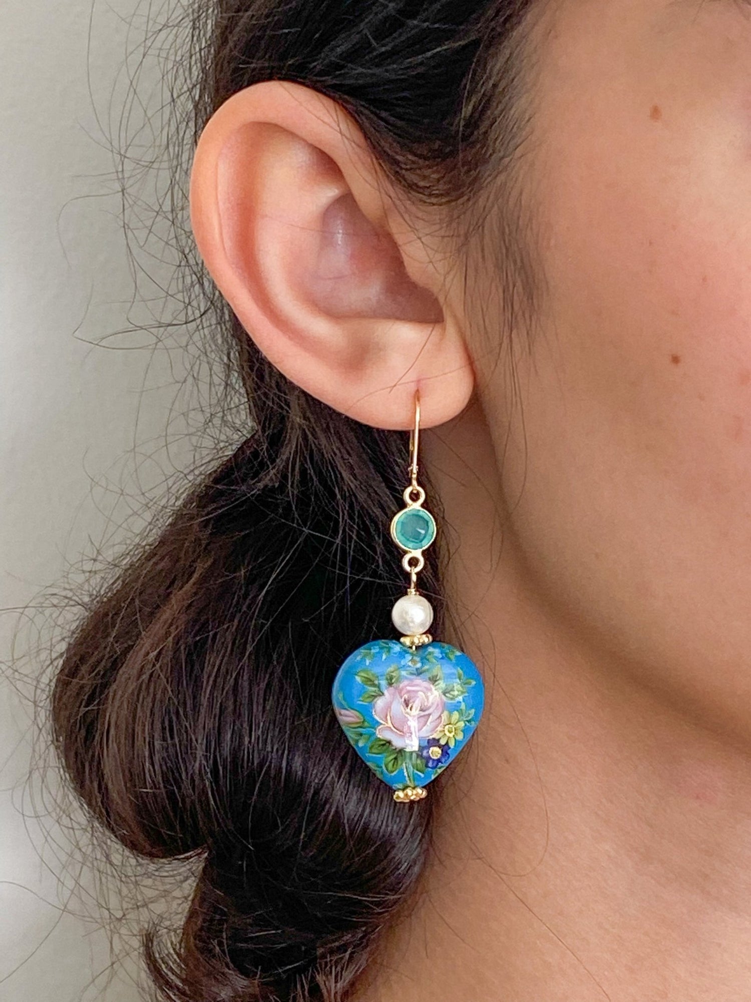 Turquoise Floral Resin Heart Gold Drop Earrings with Cultured Pearls and Chrysoprase by Sage Machado - The Sage Lifestyle