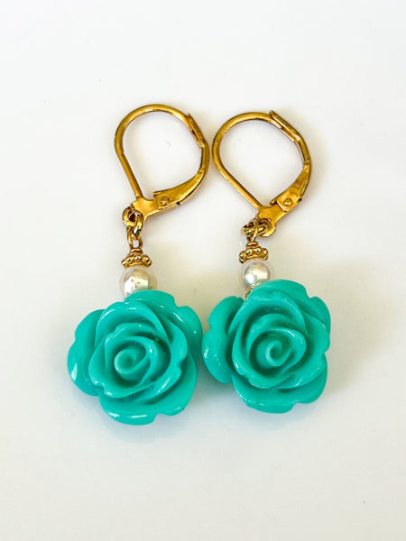 Turquoise Rose Peking Glass Gold Charm Earrings with Freshwater Pearls by Sage Machado - The Sage Lifestyle