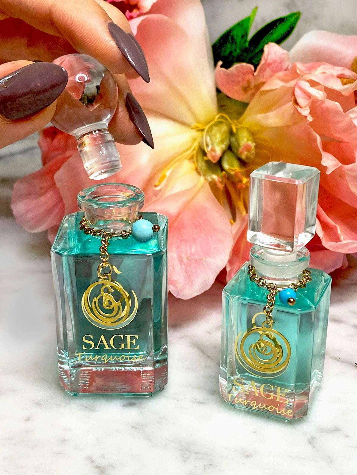 1/4 oz, 1/2 oz Sage Turquoise Perfume Oil Glass Vanity Bottles with gemstones, Marine, Gender Neutral, Vegan, Cruelty Free