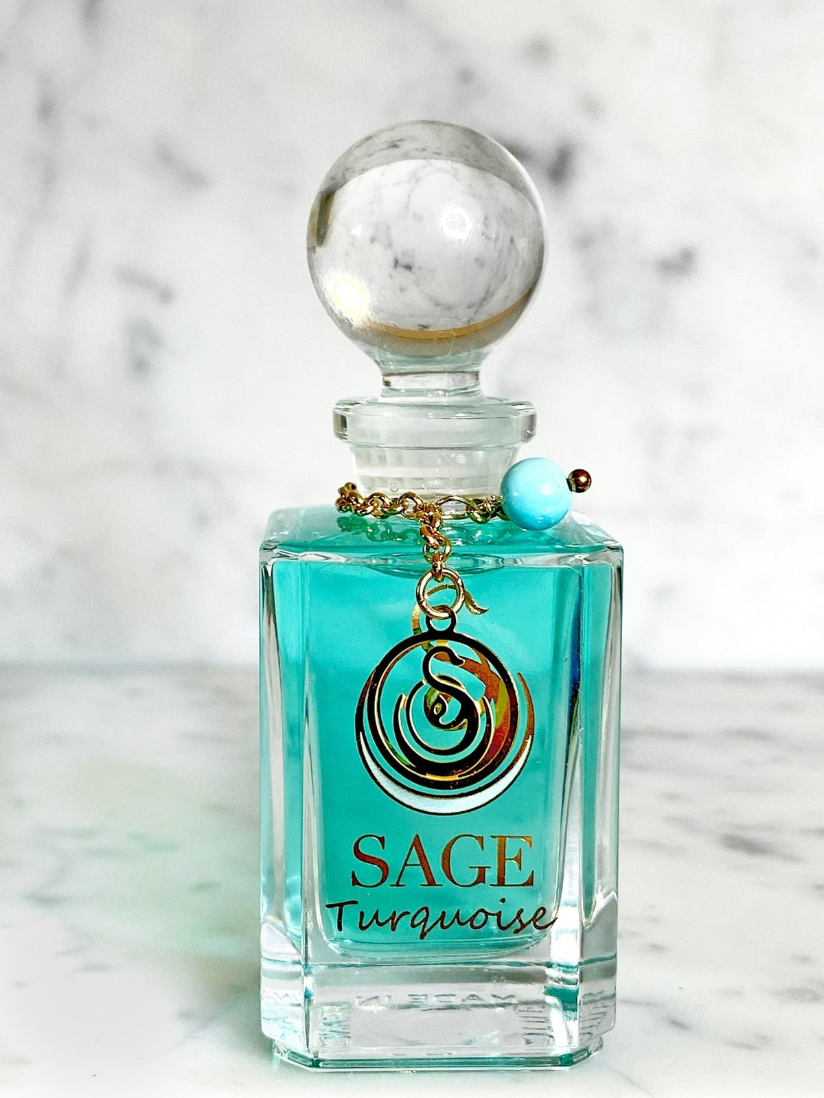 1/2 oz Sage Turquoise Perfume Oil Glass Vanity Bottle with gemstones, Marine, Gender Neutral Fragrance, Vegan, Cruelty Free, scent