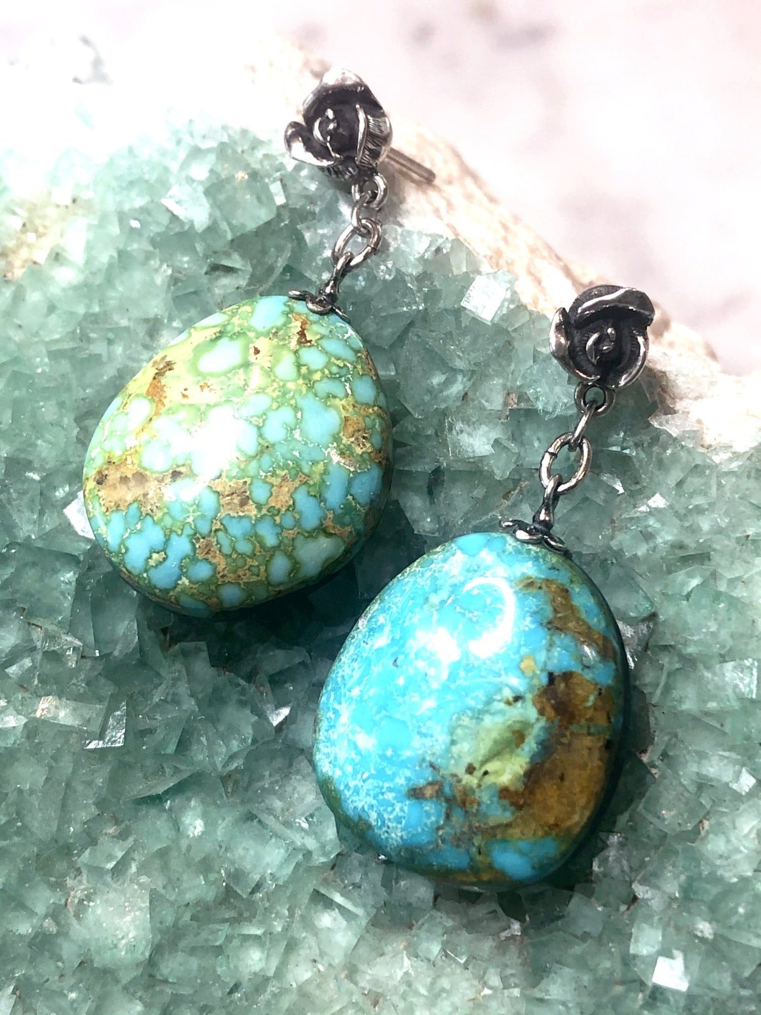 Vintage Arizona Turquoise Drops Earrings with Sterling Silver Rose Posts by Sage Machado - The Sage Lifestyle