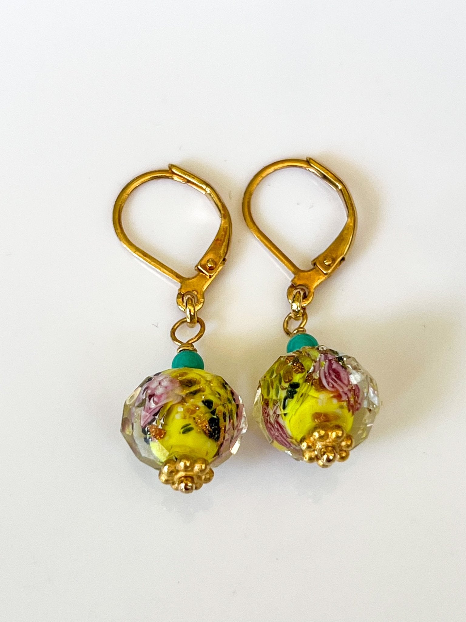 Yellow Peking Glass Floral Gold Charm Earrings with Green Turquoise by Sage Machado - The Sage Lifestyle